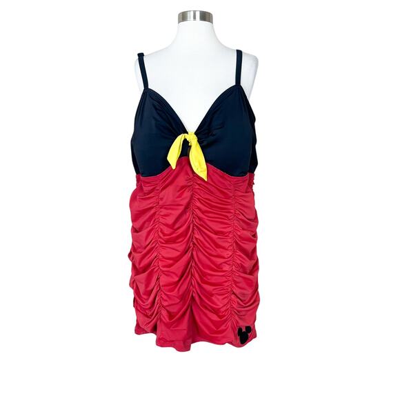 Torrid | Disney Mickey Mouse Red Black Ruched Shorts Style One Piece Swimsuit - Picture 2 of 14